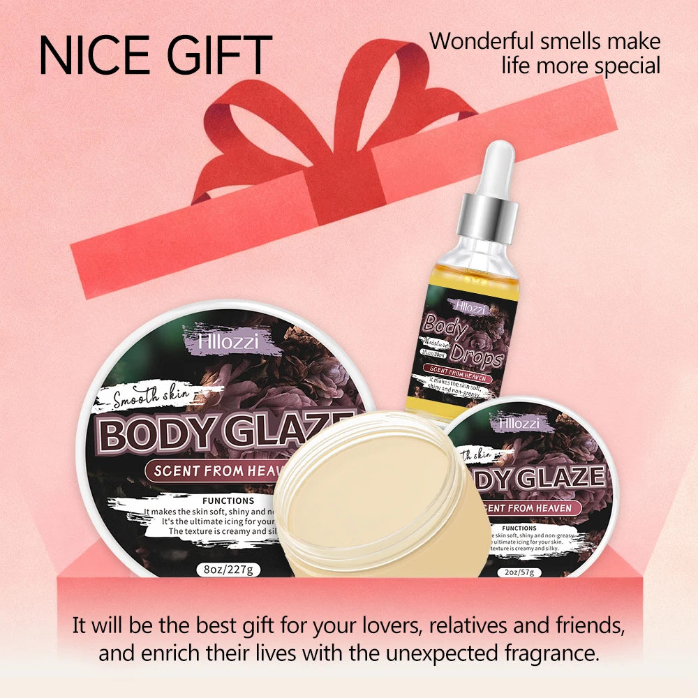 women's fragrance contains 30 ml/1 fl oz Body Drops, plus 2 oz/57 g or 8 oz Body Glaze, and a complimentary 5 ml/0.17 g Roll-on