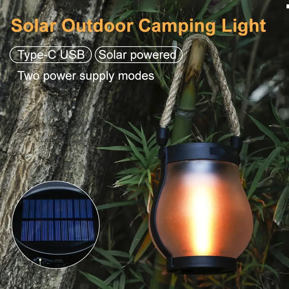 Camping Lamp Solar Flame Lights Garden Lantern Flickering LED Light Decorative Yard Decor with Rope Rechargeable Camping Lamp
