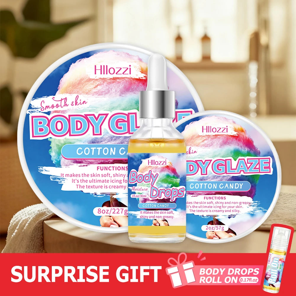Cotton Candy Set includes a 30 ml/1 fl oz Body Drops and a 2 oz/57 g or 8 oz Body Glaze, plus a complimentary 5 ml/0.17 g Roll-o