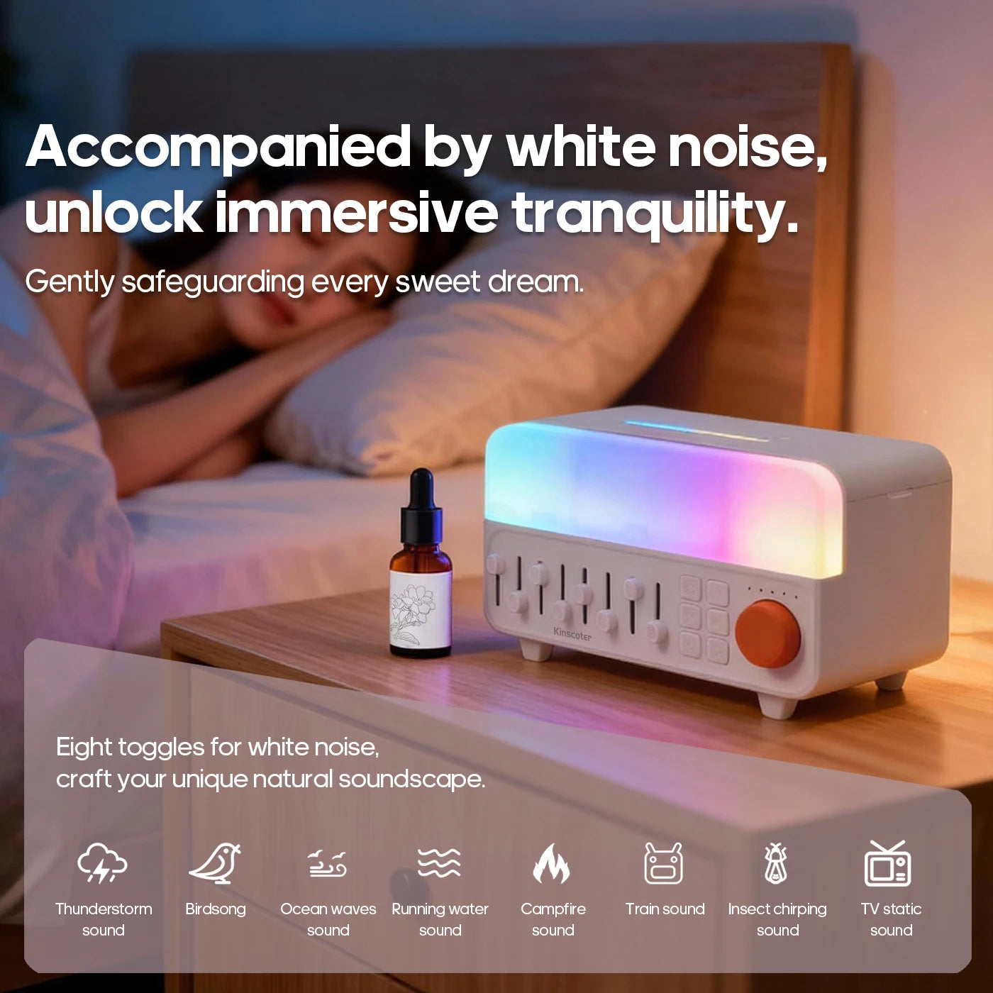 Kinscoter New Mood Light Aroma Diffuser 150ml Speaker White Noise Machine Humidifier 8 Natural Sounds Music & Mist in One Gift