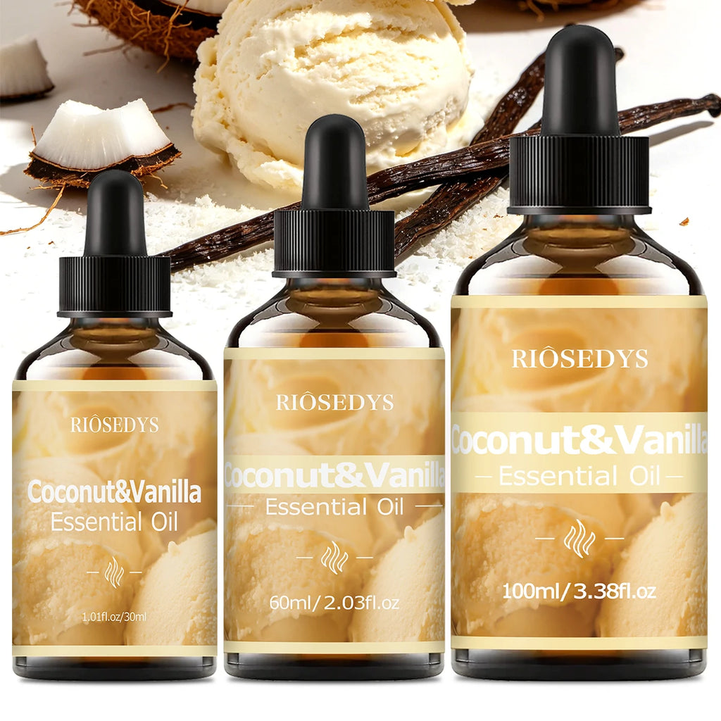 COCONUT VANILLA ESSENTIAL OIL moisturizing and nourishing massage oil suitable for skincare, fragrance, massage, all skin types.