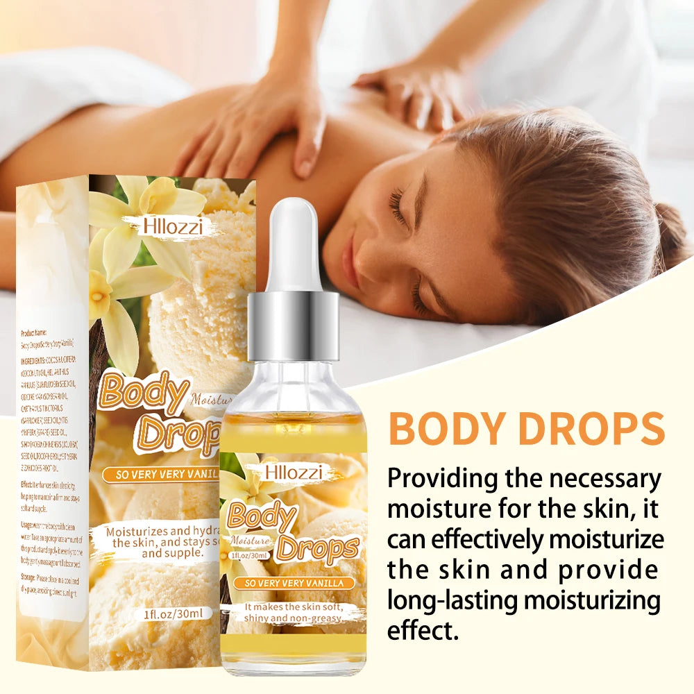 Vanilla-scented 30 ml/1 fl oz Body Drops, plus 2 oz/57 g or 8 oz Body Glaze, and a complimentary 5 ml/0.17 g Roll-on oil.