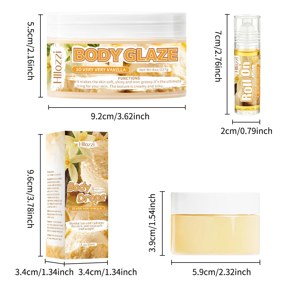 Vanilla-scented 30 ml/1 fl oz Body Drops, plus 2 oz/57 g or 8 oz Body Glaze, and a complimentary 5 ml/0.17 g Roll-on oil.