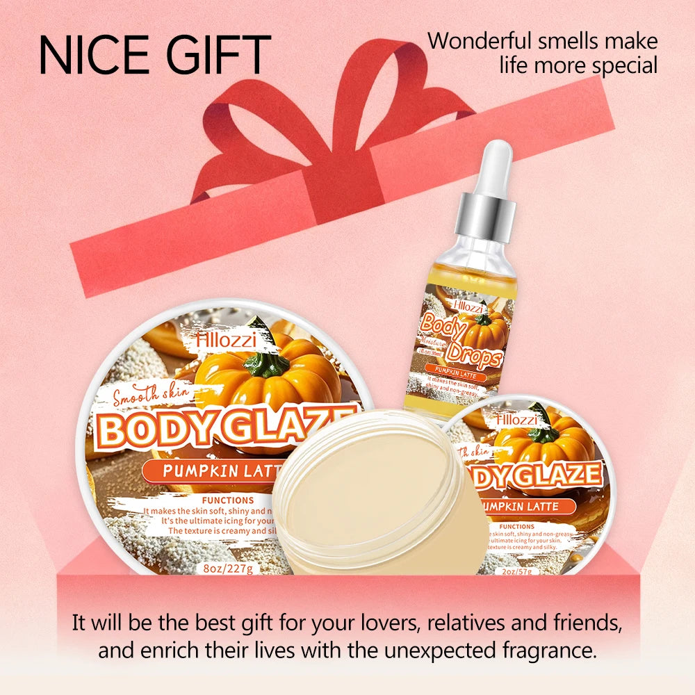 Pumpkin Set includes a 30 ml/1 fl oz Body Drops and a 2 oz/57 g or 8 oz Body Glaze, plus a complimentary 5 ml/0.17 g Roll-on.