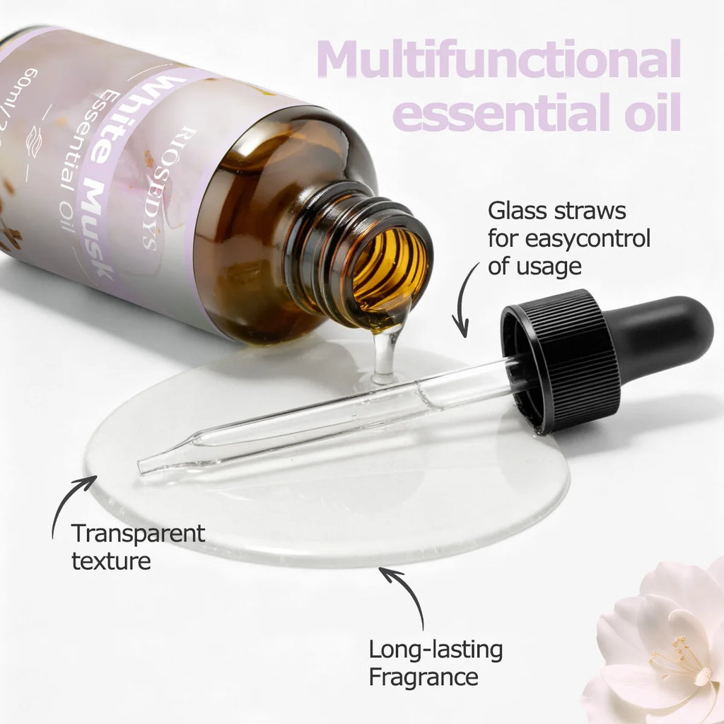 60ml WHITE MUSK essential oil has deep nourishing moisturizing effects, making it suitable for massage, skin care, and hydration