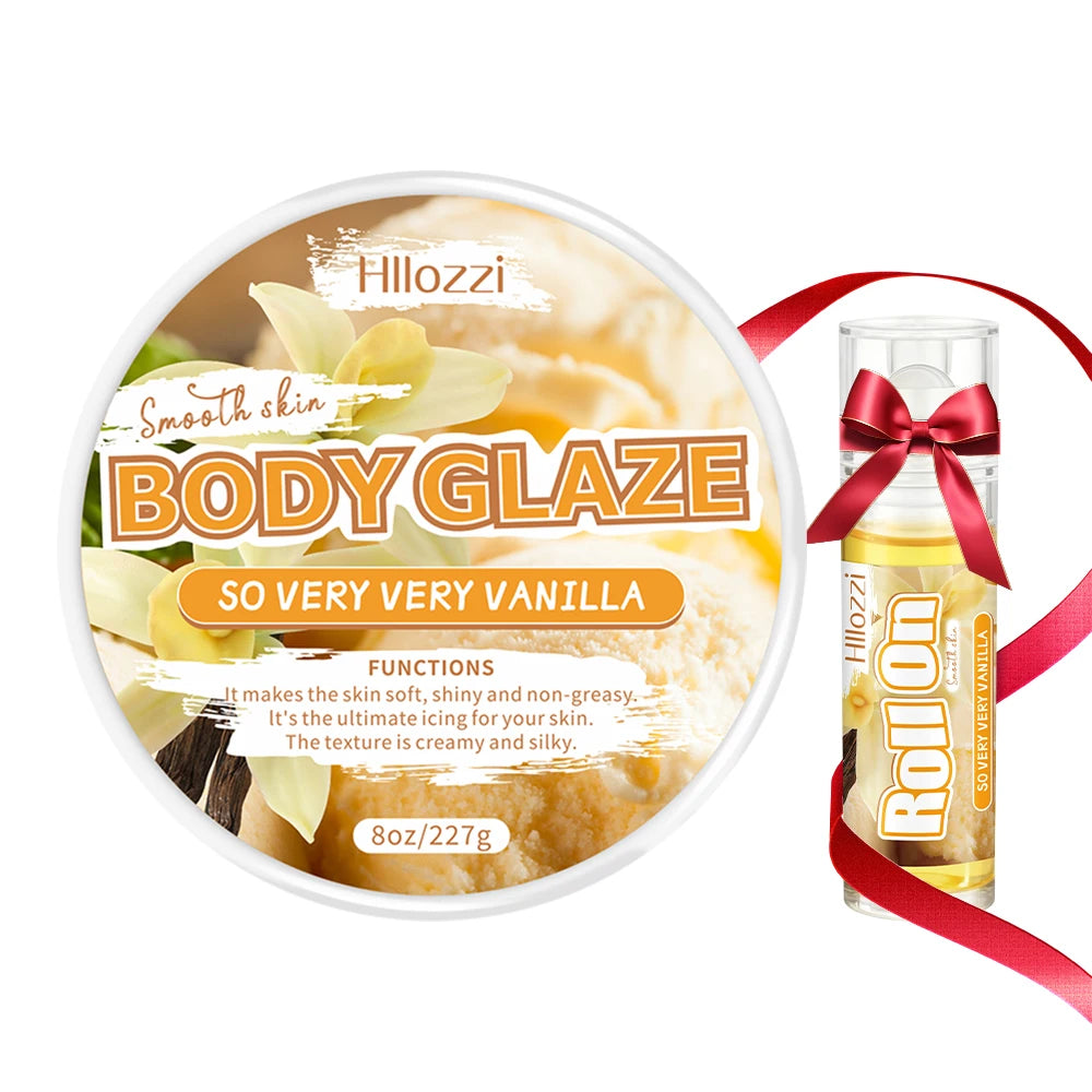 Vanilla-scented 30 ml/1 fl oz Body Drops, plus 2 oz/57 g or 8 oz Body Glaze, and a complimentary 5 ml/0.17 g Roll-on oil.