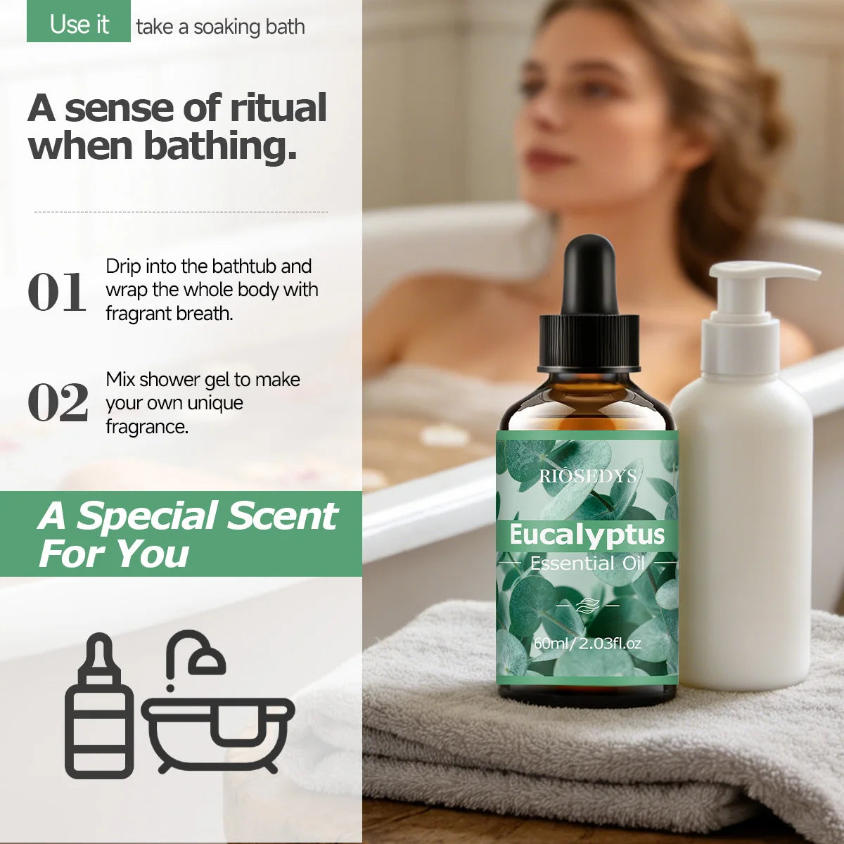 60ml EUCALYPTUS essential oil has deep nourishing moisturizing effects, making it suitable for massage, skin care, and hydration