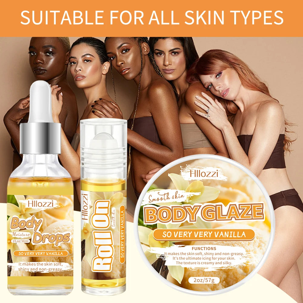 Vanilla-scented 30 ml/1 fl oz Body Drops, plus 2 oz/57 g or 8 oz Body Glaze, and a complimentary 5 ml/0.17 g Roll-on oil.
