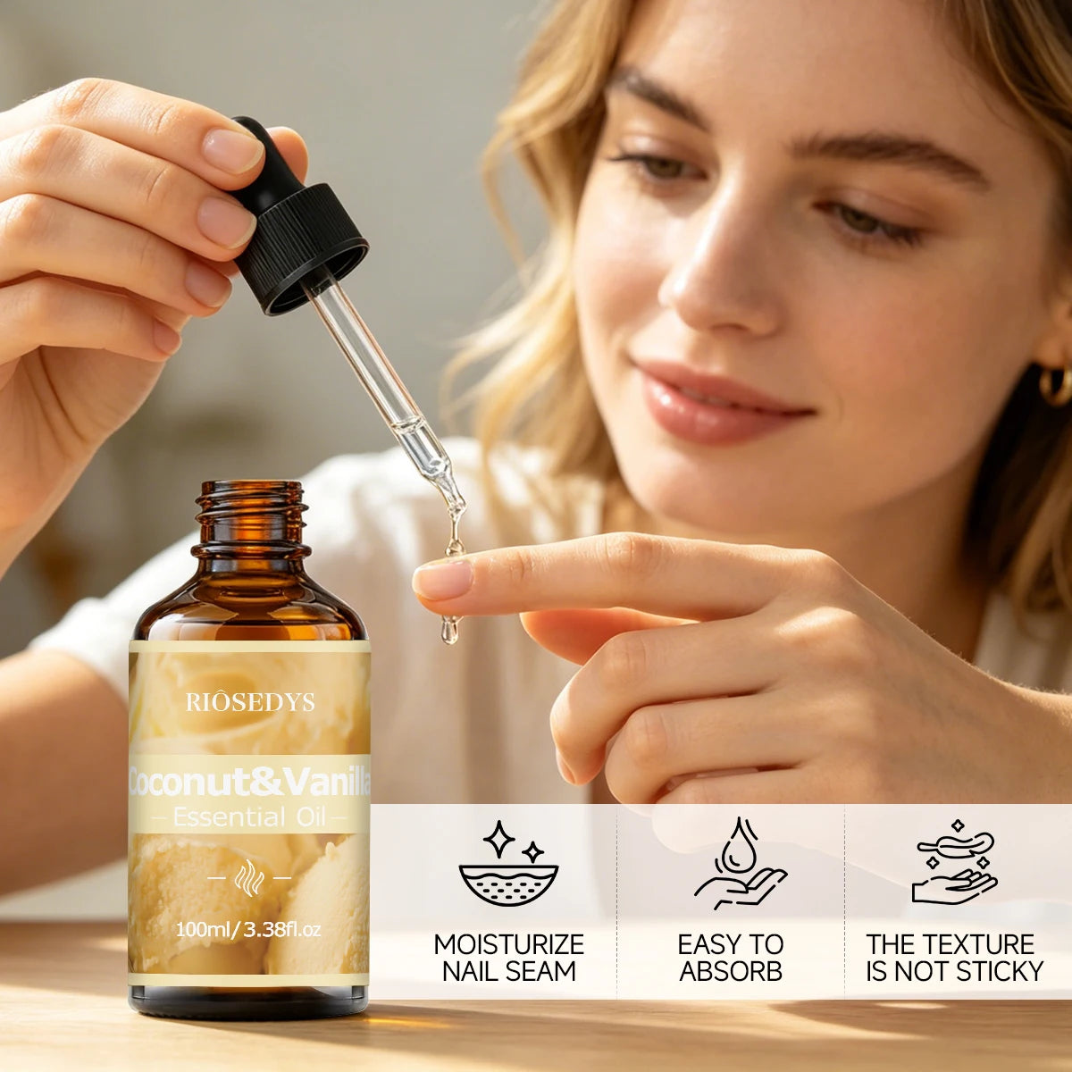 COCONUT VANILLA ESSENTIAL OIL moisturizing and nourishing massage oil suitable for skincare, fragrance, massage, all skin types.