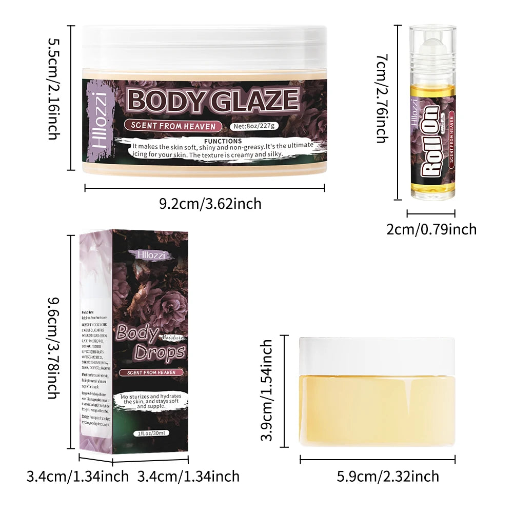 women's fragrance contains 30 ml/1 fl oz Body Drops, plus 2 oz/57 g or 8 oz Body Glaze, and a complimentary 5 ml/0.17 g Roll-on