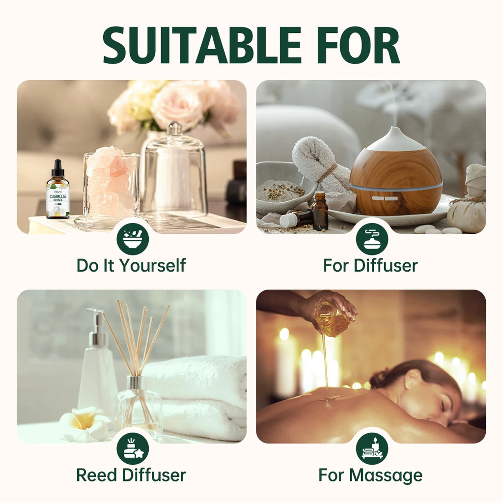 Camellia Essential Oil, multi-purpose moisturizing oil, suitable for aromatherapy diffuser, hair care, nail and massage.