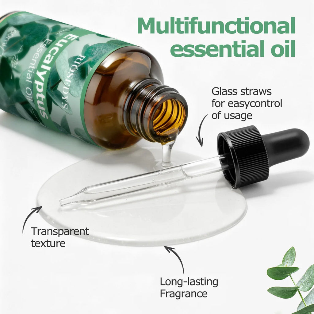 60ml EUCALYPTUS essential oil has deep nourishing moisturizing effects, making it suitable for massage, skin care, and hydration