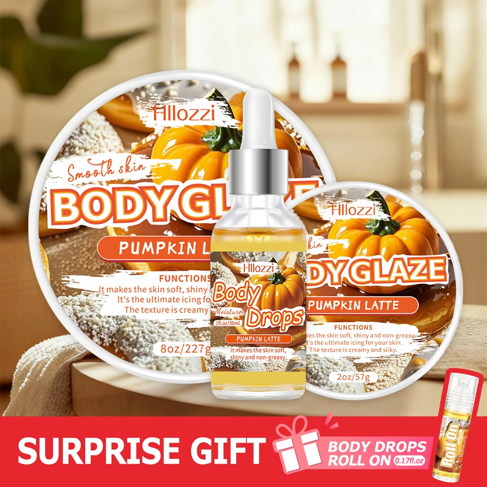 Pumpkin Set includes a 30 ml/1 fl oz Body Drops and a 2 oz/57 g or 8 oz Body Glaze, plus a complimentary 5 ml/0.17 g Roll-on.