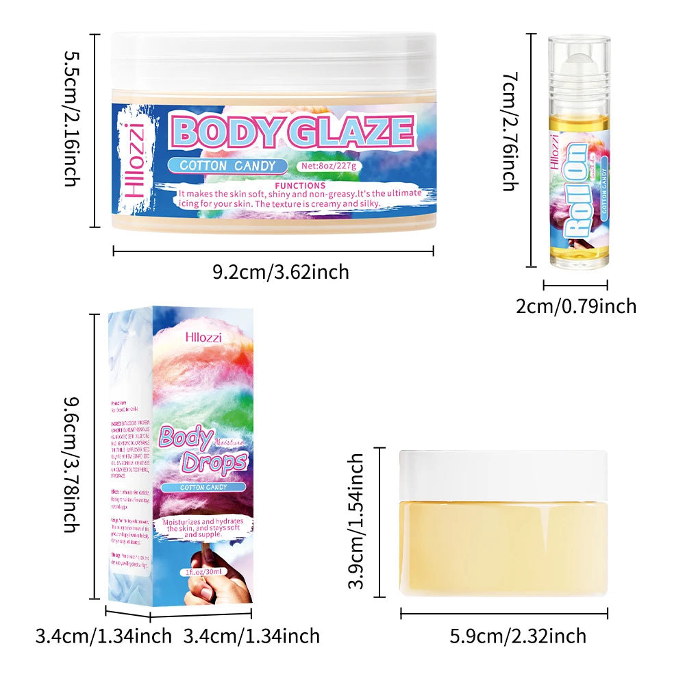 Cotton Candy Set includes a 30 ml/1 fl oz Body Drops and a 2 oz/57 g or 8 oz Body Glaze, plus a complimentary 5 ml/0.17 g Roll-o