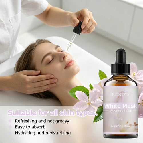 60ml WHITE MUSK essential oil has deep nourishing moisturizing effects, making it suitable for massage, skin care, and hydration