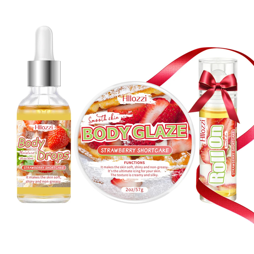 Strawberry set includes 30 ml/1 fl oz Body Drops and 2 oz/57 g or 8 oz Body Glaze, plus a complimentary 5 ml/0.17 g Roll-on.