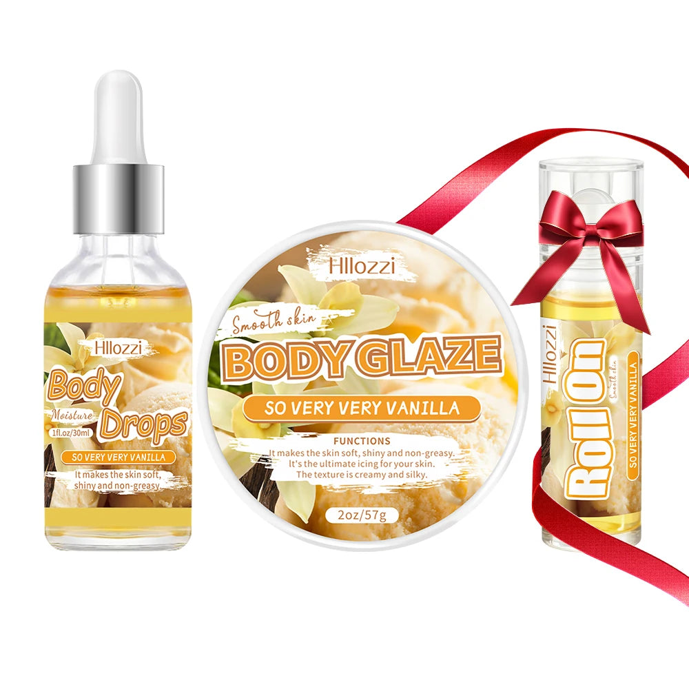 Vanilla-scented 30 ml/1 fl oz Body Drops, plus 2 oz/57 g or 8 oz Body Glaze, and a complimentary 5 ml/0.17 g Roll-on oil.