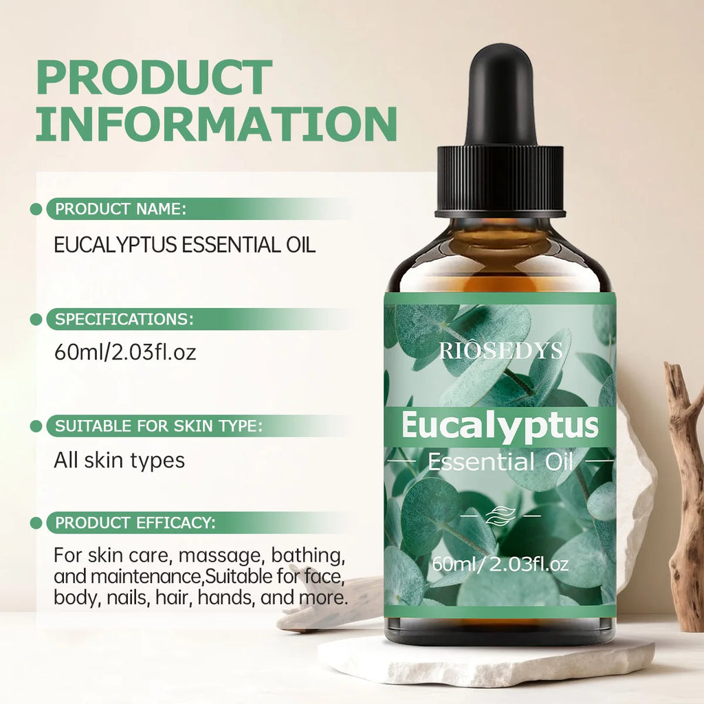 60ml EUCALYPTUS essential oil has deep nourishing moisturizing effects, making it suitable for massage, skin care, and hydration