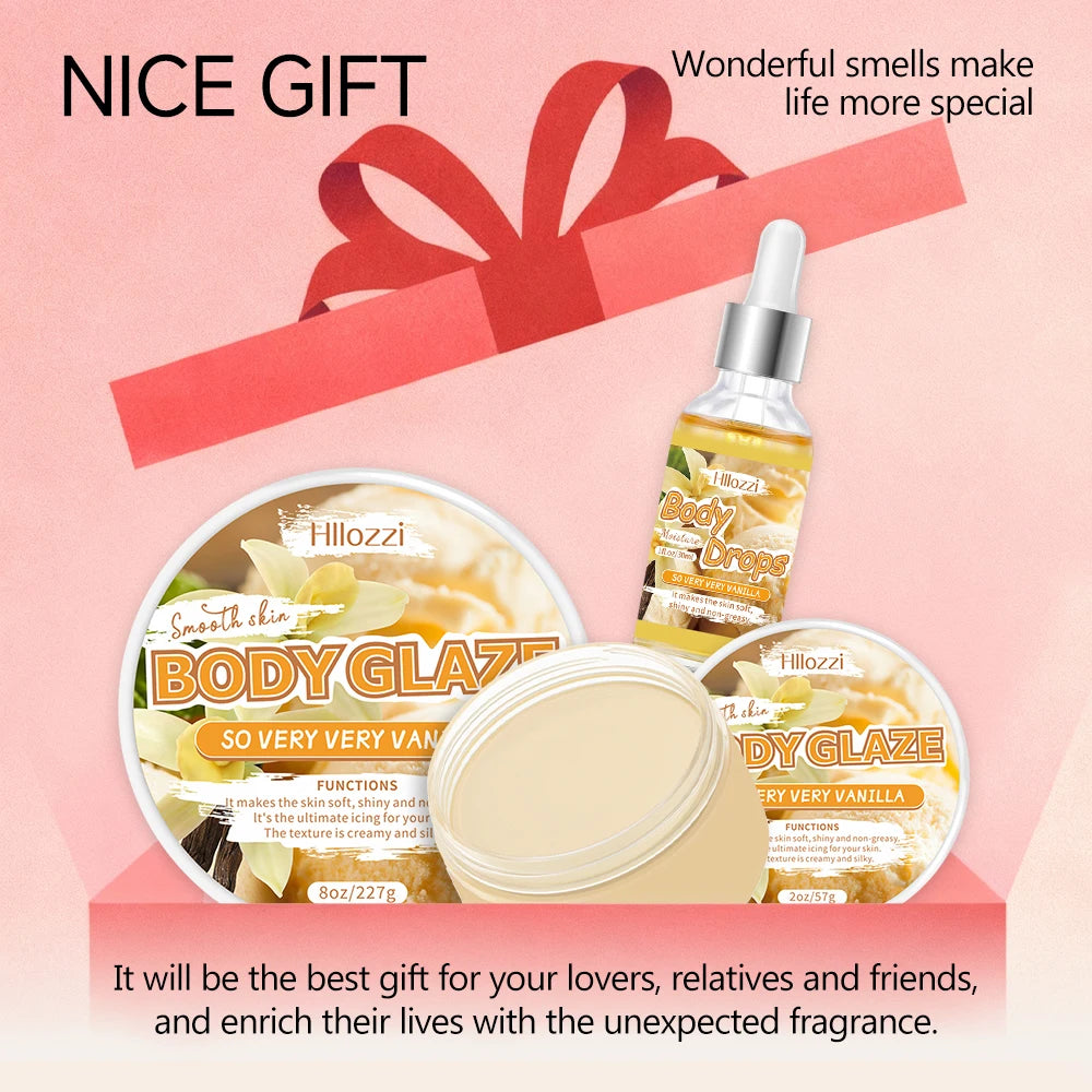 Vanilla-scented 30 ml/1 fl oz Body Drops, plus 2 oz/57 g or 8 oz Body Glaze, and a complimentary 5 ml/0.17 g Roll-on oil.