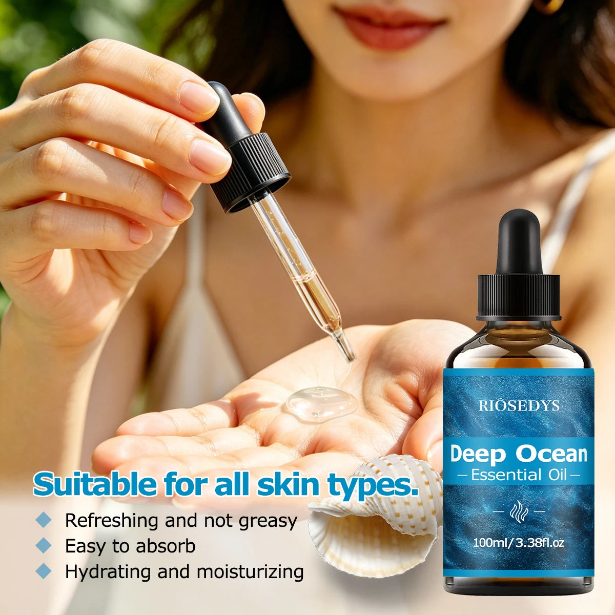 DEEP OCEAM ESSENTIAL OIL moisturizing and nourishing massage oil suitable for skincare, fragrance, massage, and all skin types.
