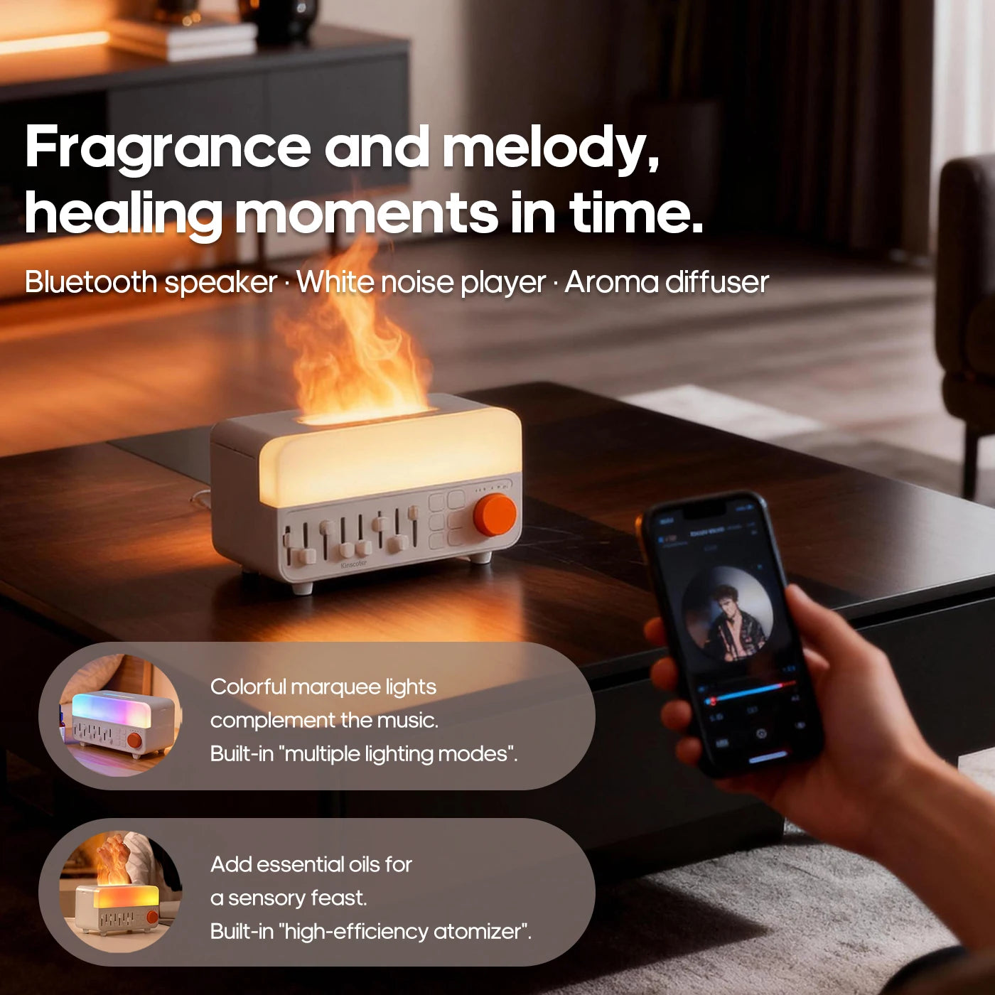 Kinscoter New Mood Light Aroma Diffuser 150ml Speaker White Noise Machine Humidifier 8 Natural Sounds Music & Mist in One Gift