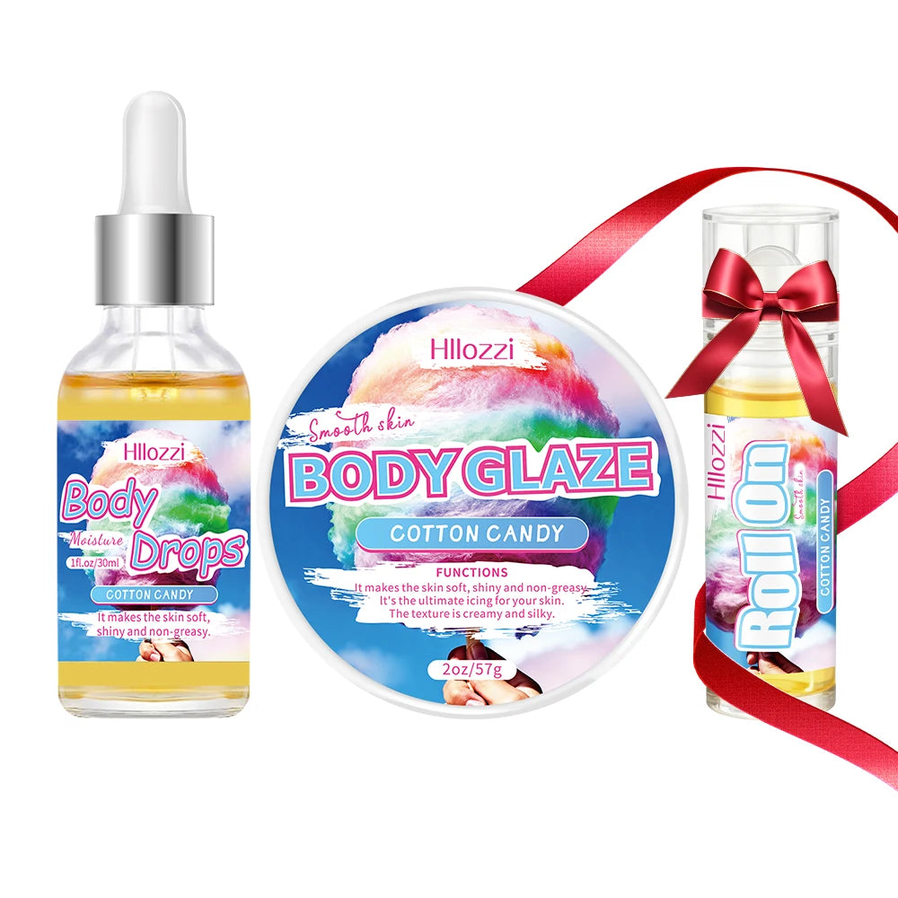 Cotton Candy Set includes a 30 ml/1 fl oz Body Drops and a 2 oz/57 g or 8 oz Body Glaze, plus a complimentary 5 ml/0.17 g Roll-o