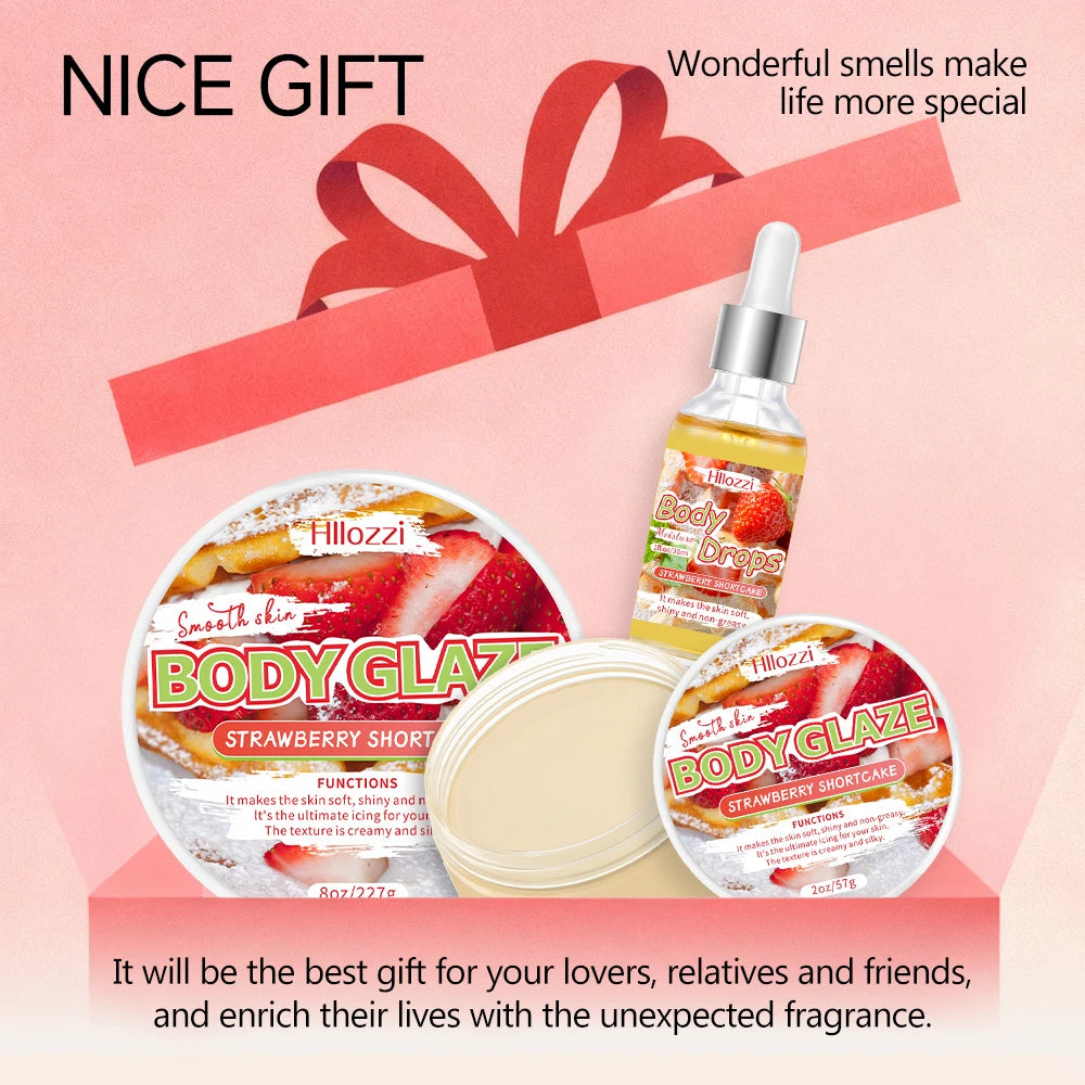 Strawberry set includes 30 ml/1 fl oz Body Drops and 2 oz/57 g or 8 oz Body Glaze, plus a complimentary 5 ml/0.17 g Roll-on.