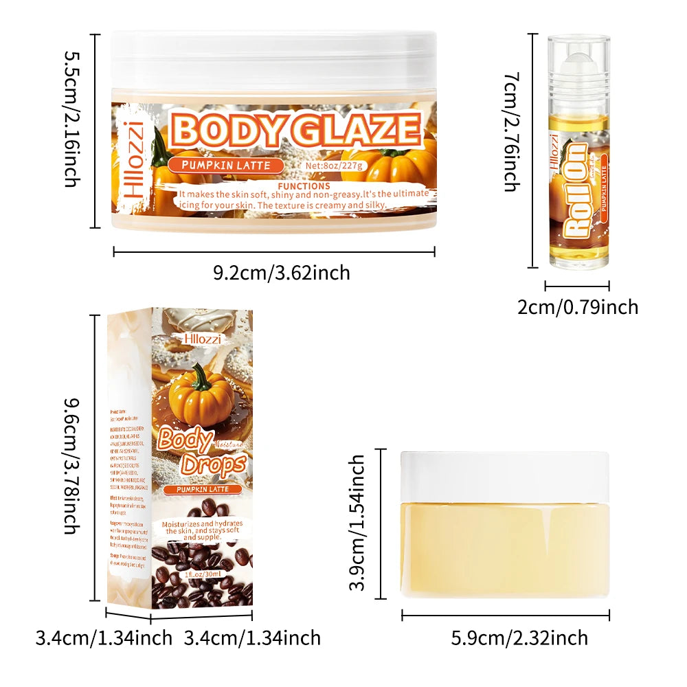 Pumpkin Set includes a 30 ml/1 fl oz Body Drops and a 2 oz/57 g or 8 oz Body Glaze, plus a complimentary 5 ml/0.17 g Roll-on.