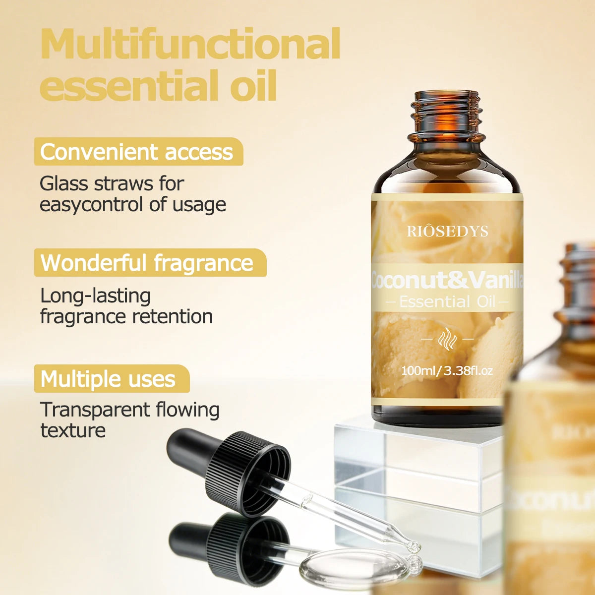 COCONUT VANILLA ESSENTIAL OIL moisturizing and nourishing massage oil suitable for skincare, fragrance, massage, all skin types.