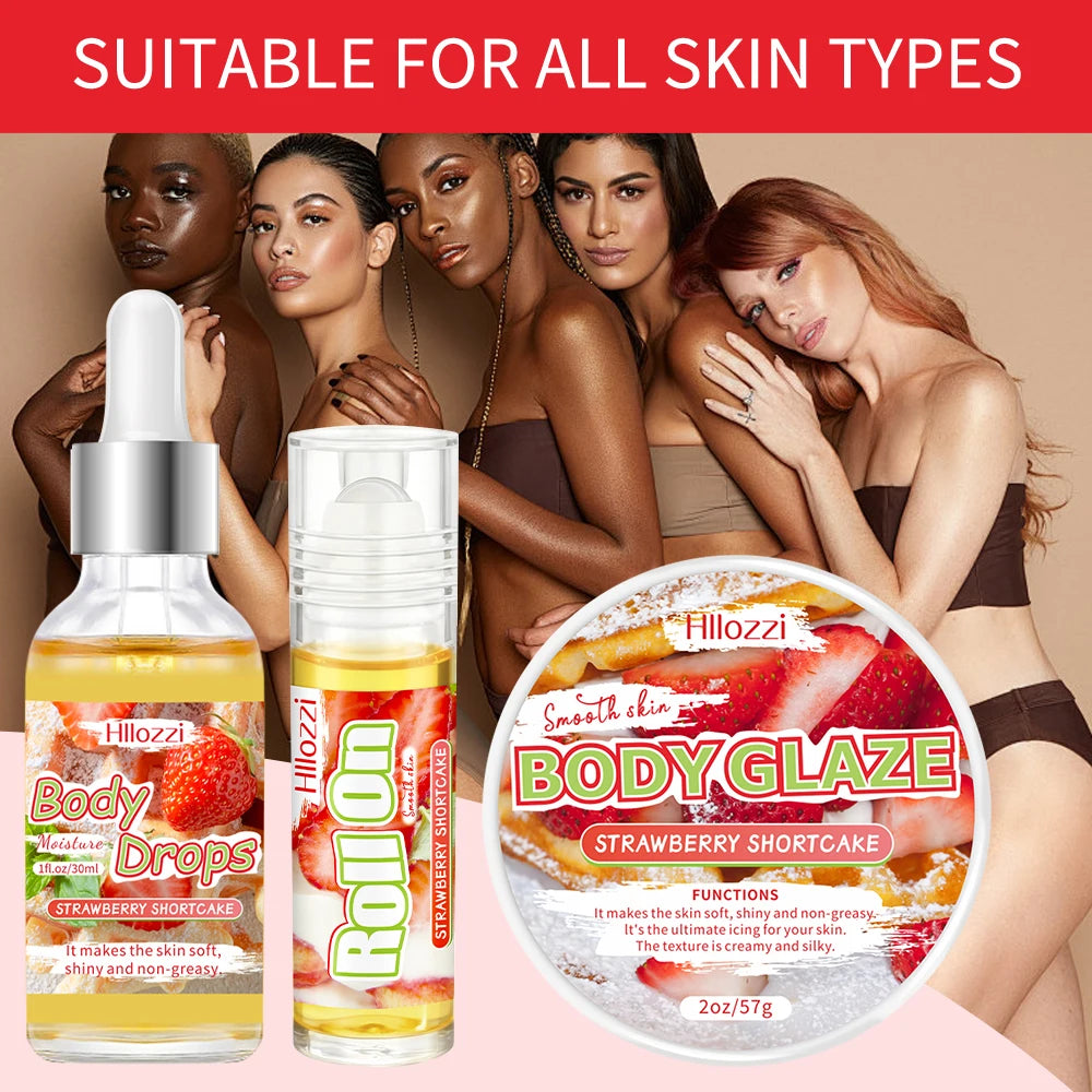Strawberry set includes 30 ml/1 fl oz Body Drops and 2 oz/57 g or 8 oz Body Glaze, plus a complimentary 5 ml/0.17 g Roll-on.