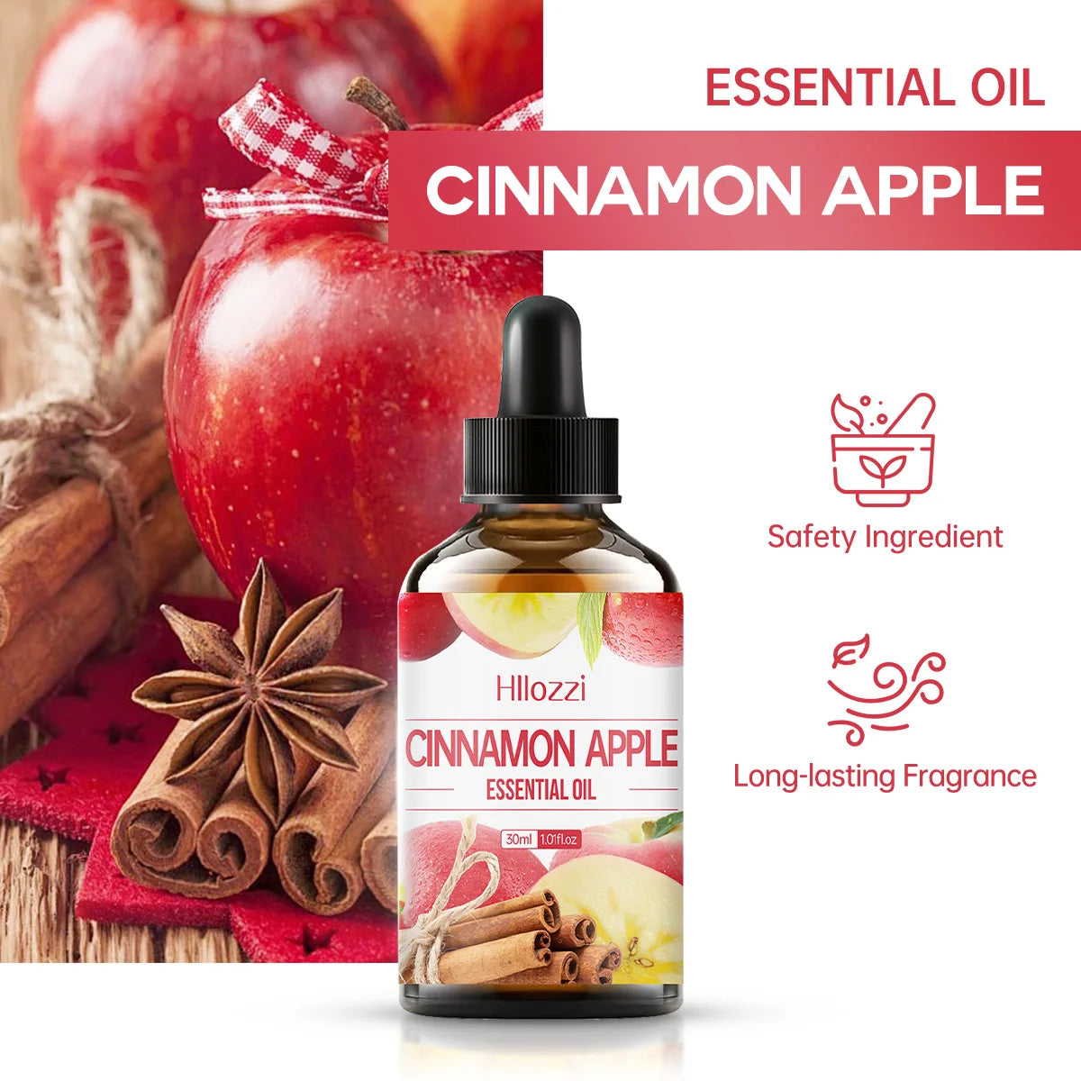 Cinnamon Apple Essential Oil 30ml, Sweet Spiced Aroma Oil for Diffusers, Massage, Skin Care, DIY Candles, Soaps, Home Fragrance