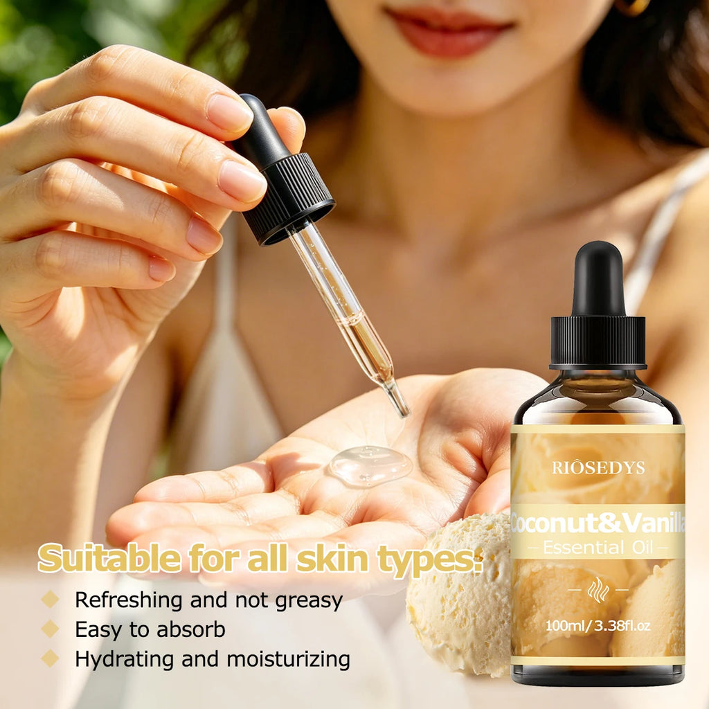 COCONUT VANILLA ESSENTIAL OIL moisturizing and nourishing massage oil suitable for skincare, fragrance, massage, all skin types.