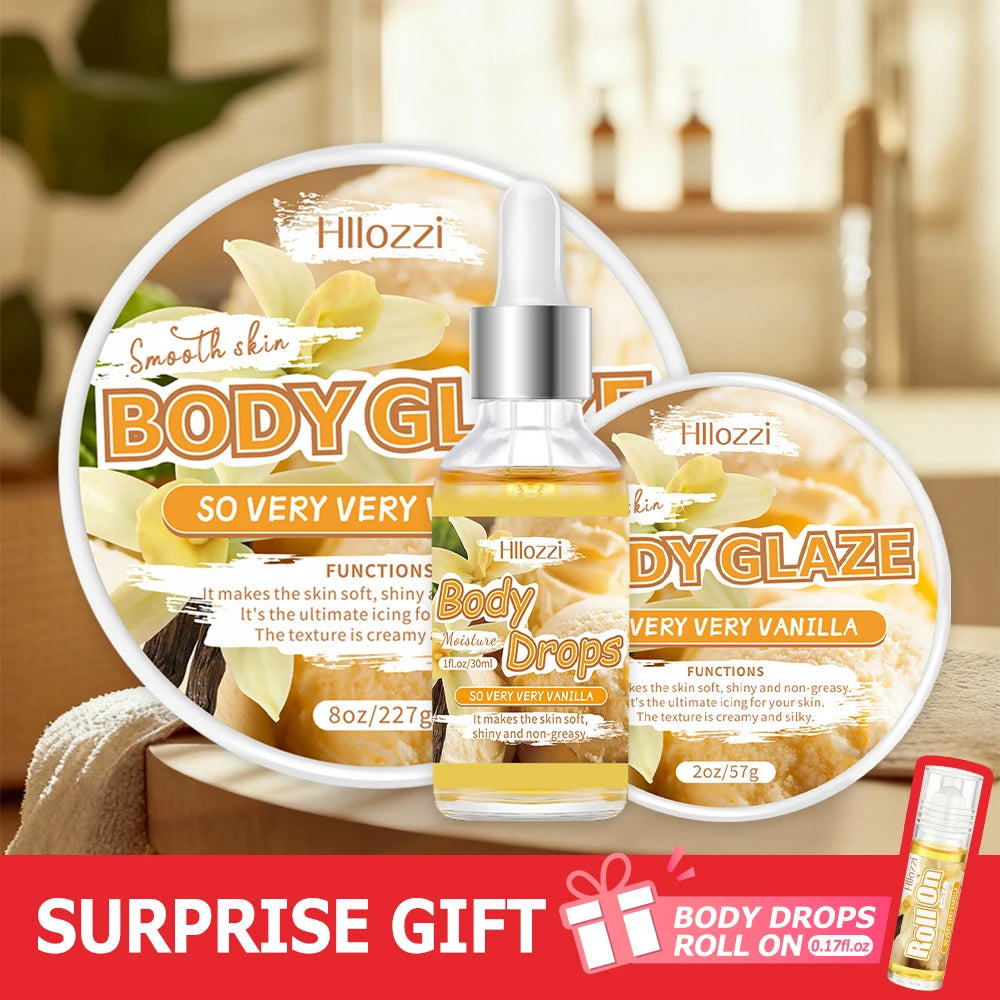 Vanilla-scented 30 ml/1 fl oz Body Drops, plus 2 oz/57 g or 8 oz Body Glaze, and a complimentary 5 ml/0.17 g Roll-on oil.
