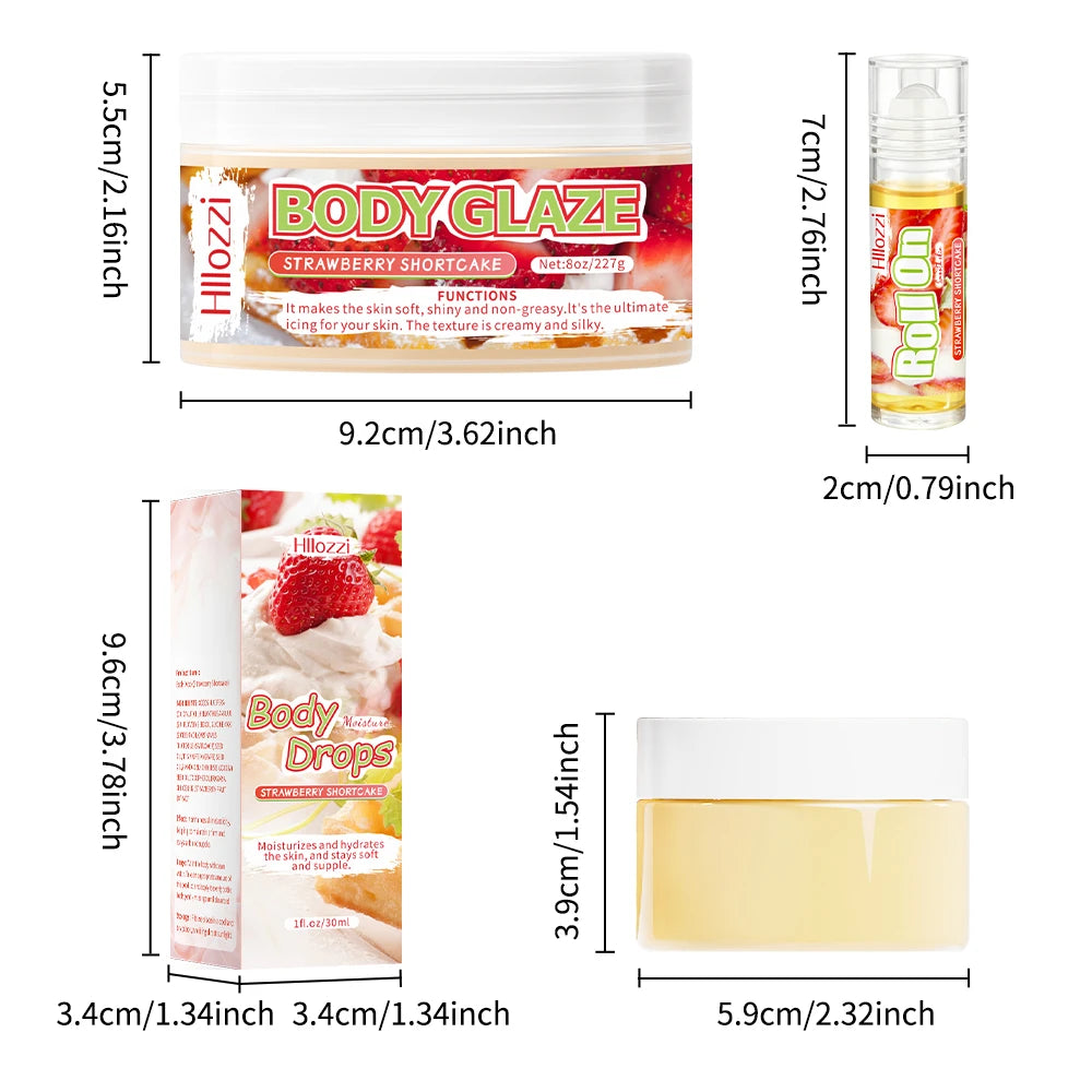 Strawberry set includes 30 ml/1 fl oz Body Drops and 2 oz/57 g or 8 oz Body Glaze, plus a complimentary 5 ml/0.17 g Roll-on.