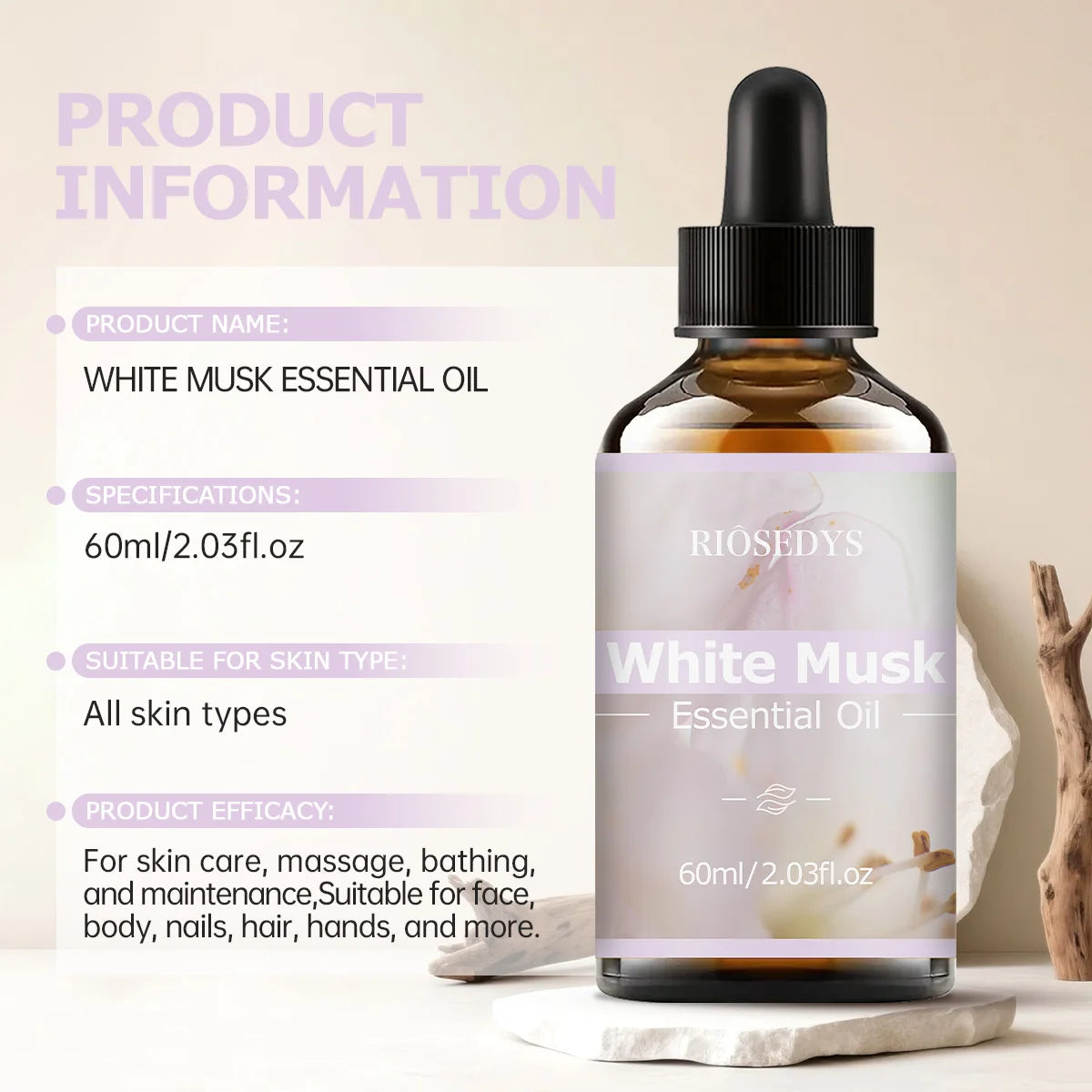 60ml WHITE MUSK essential oil has deep nourishing moisturizing effects, making it suitable for massage, skin care, and hydration