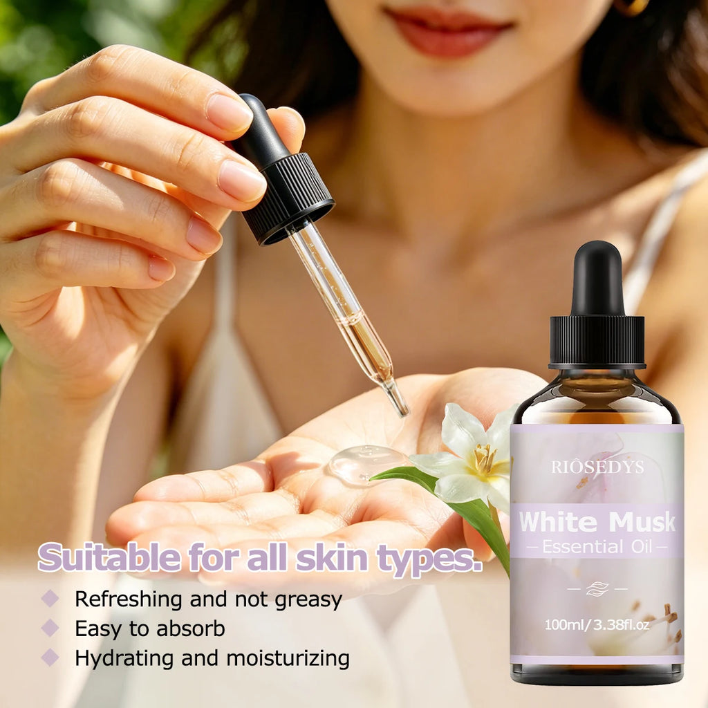 WHITE MUSK ESSENTIAL OIL moisturizing and nourishing massage oil suitable for skincare, fragrance, massage, and all skin types.