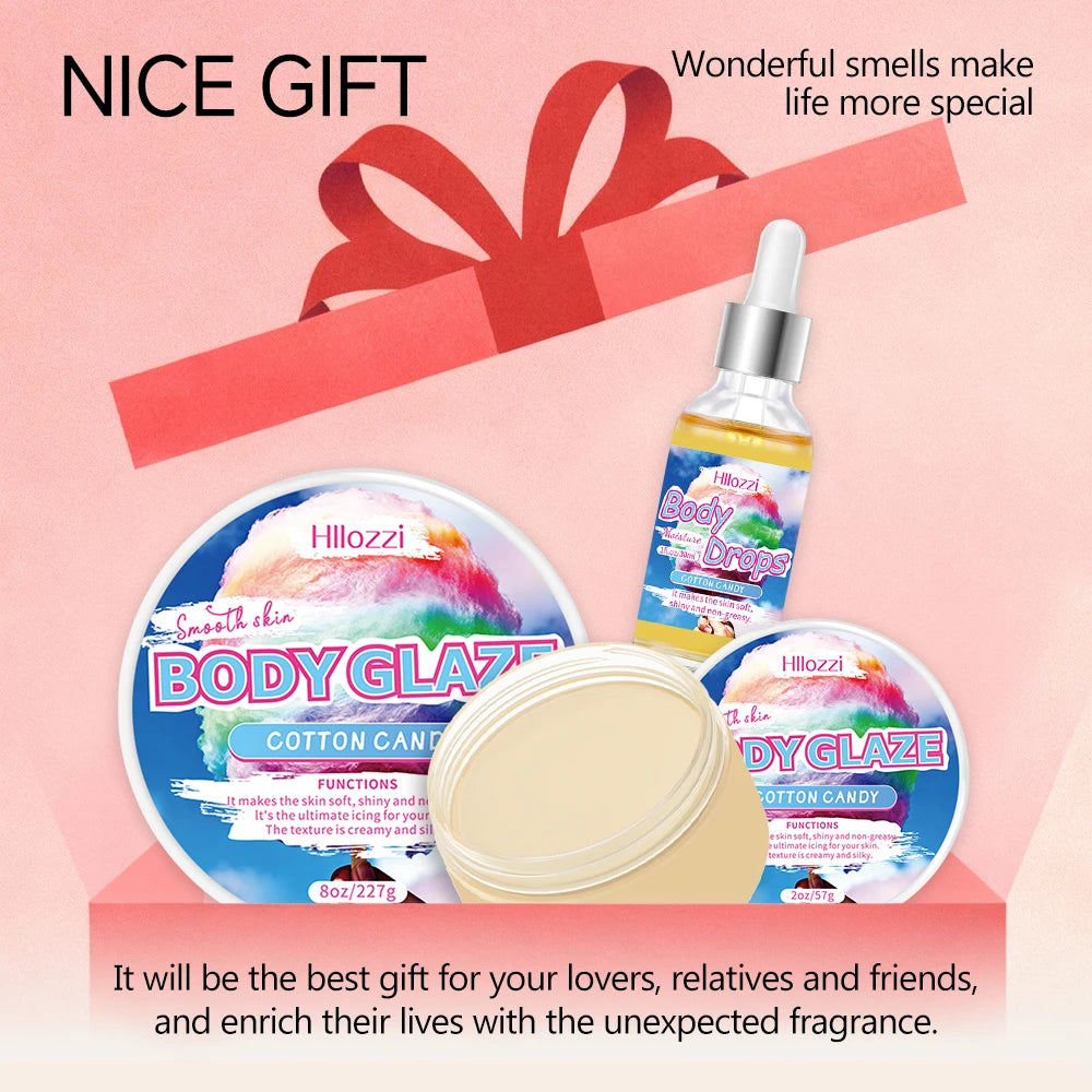 Cotton Candy Set includes a 30 ml/1 fl oz Body Drops and a 2 oz/57 g or 8 oz Body Glaze, plus a complimentary 5 ml/0.17 g Roll-o