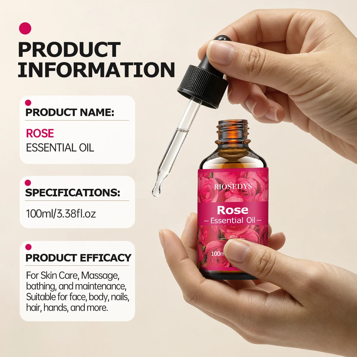 ROSE ESSENTIAL OIL is a moisturizing and nourishing massage oil suitable for skincare, fragrance, massage, and all skin types.