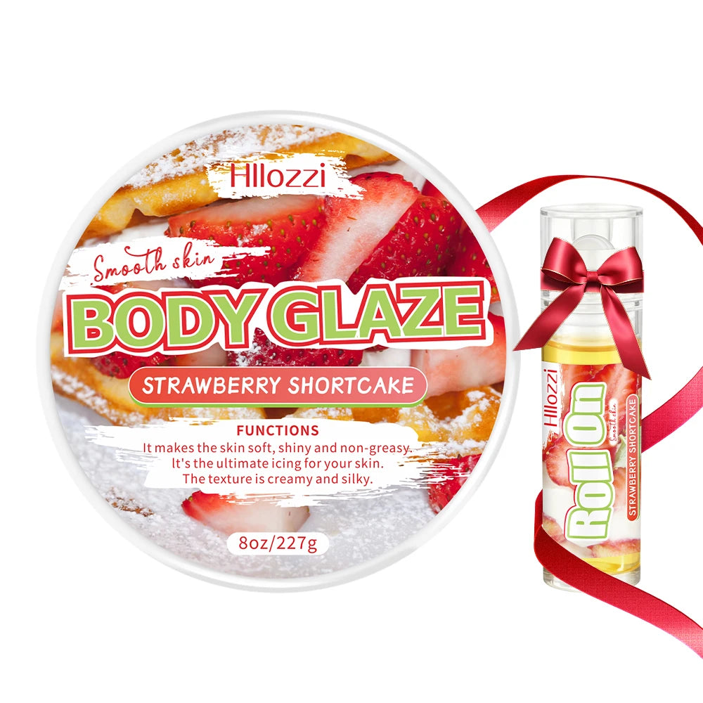 Strawberry set includes 30 ml/1 fl oz Body Drops and 2 oz/57 g or 8 oz Body Glaze, plus a complimentary 5 ml/0.17 g Roll-on.