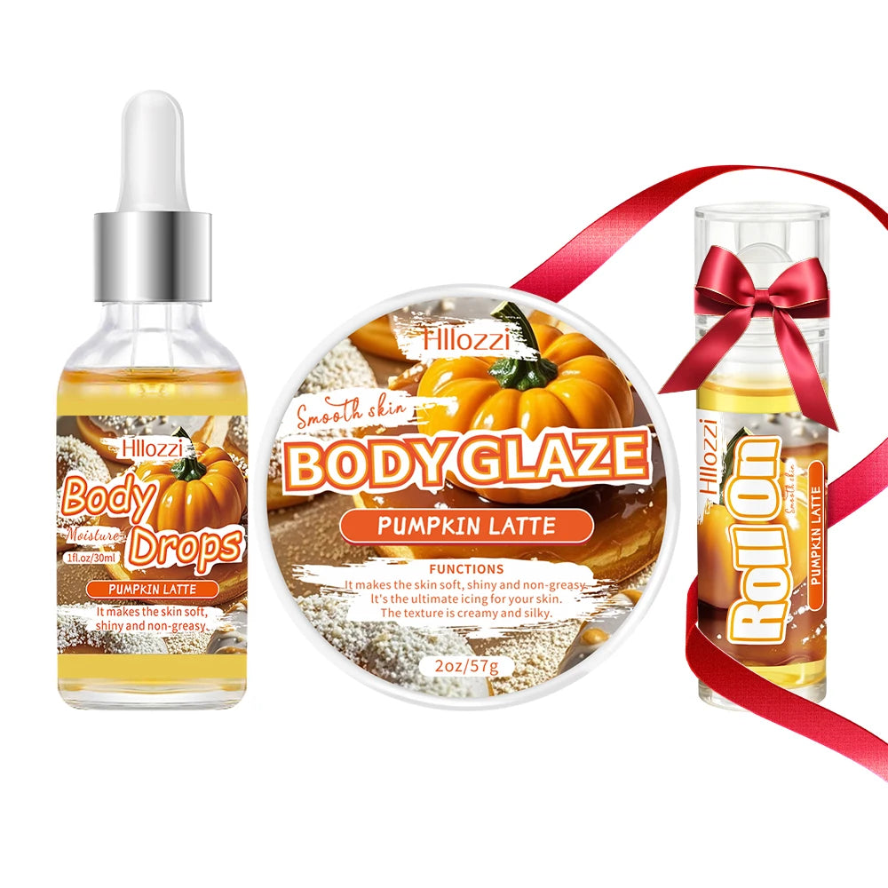 Pumpkin Set includes a 30 ml/1 fl oz Body Drops and a 2 oz/57 g or 8 oz Body Glaze, plus a complimentary 5 ml/0.17 g Roll-on.