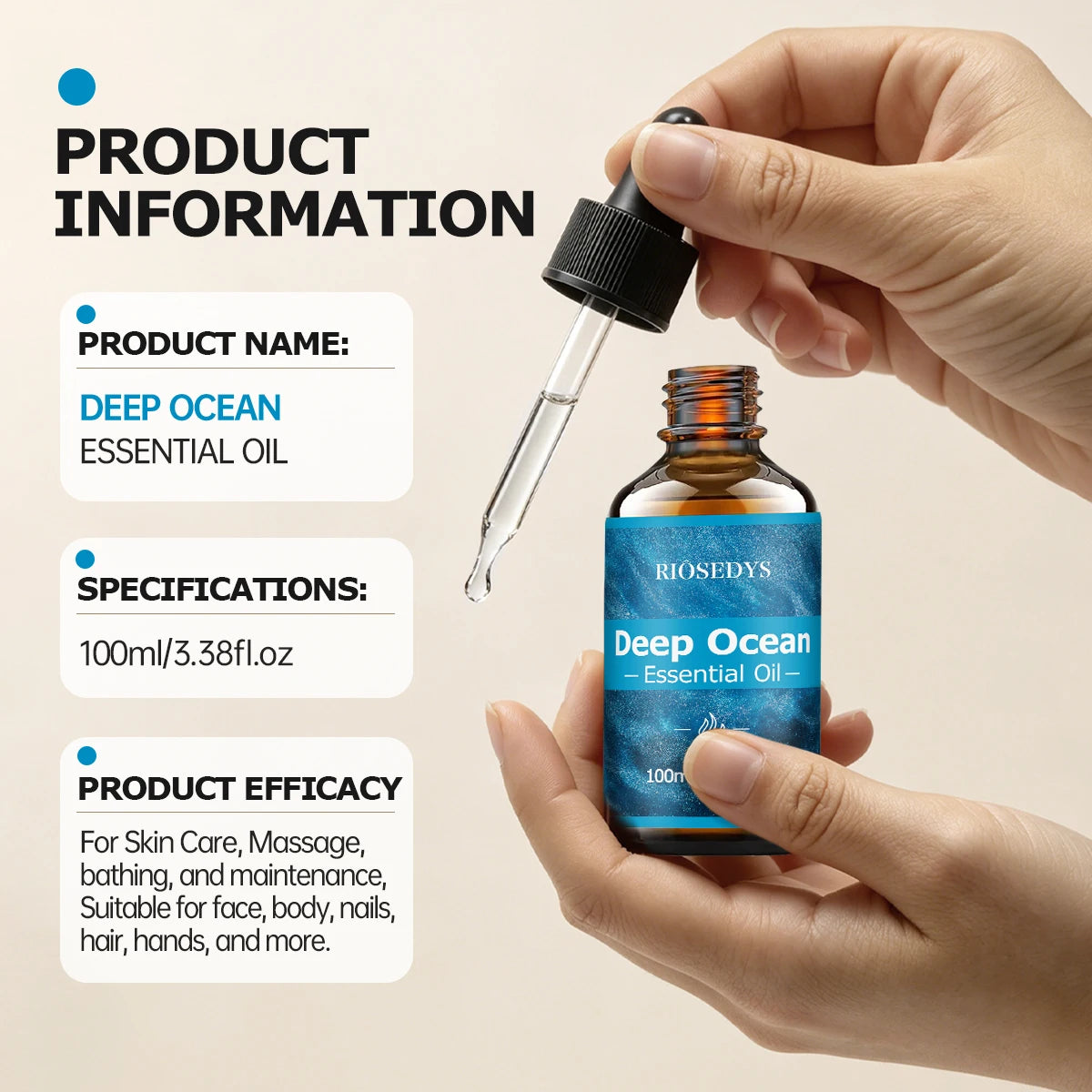 DEEP OCEAM ESSENTIAL OIL moisturizing and nourishing massage oil suitable for skincare, fragrance, massage, and all skin types.