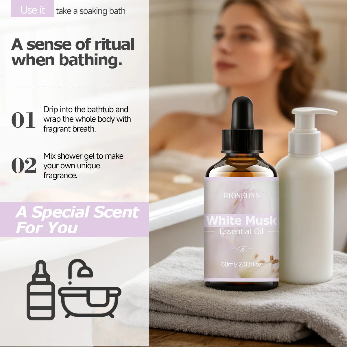 60ml WHITE MUSK essential oil has deep nourishing moisturizing effects, making it suitable for massage, skin care, and hydration