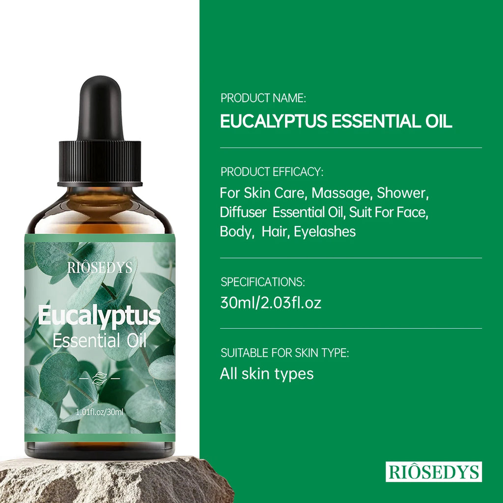 Eucalyptus essential oil, a botanical fragrance, nourishes hair and provides body massage care; suitable for all seasons.