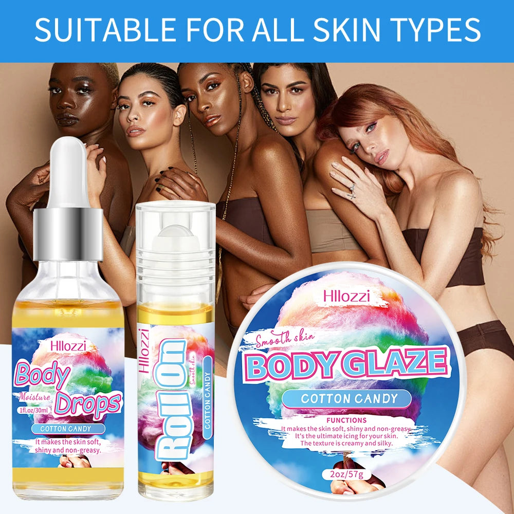 Cotton Candy Set includes a 30 ml/1 fl oz Body Drops and a 2 oz/57 g or 8 oz Body Glaze, plus a complimentary 5 ml/0.17 g Roll-o