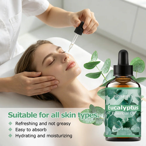 60ml EUCALYPTUS essential oil has deep nourishing moisturizing effects, making it suitable for massage, skin care, and hydration