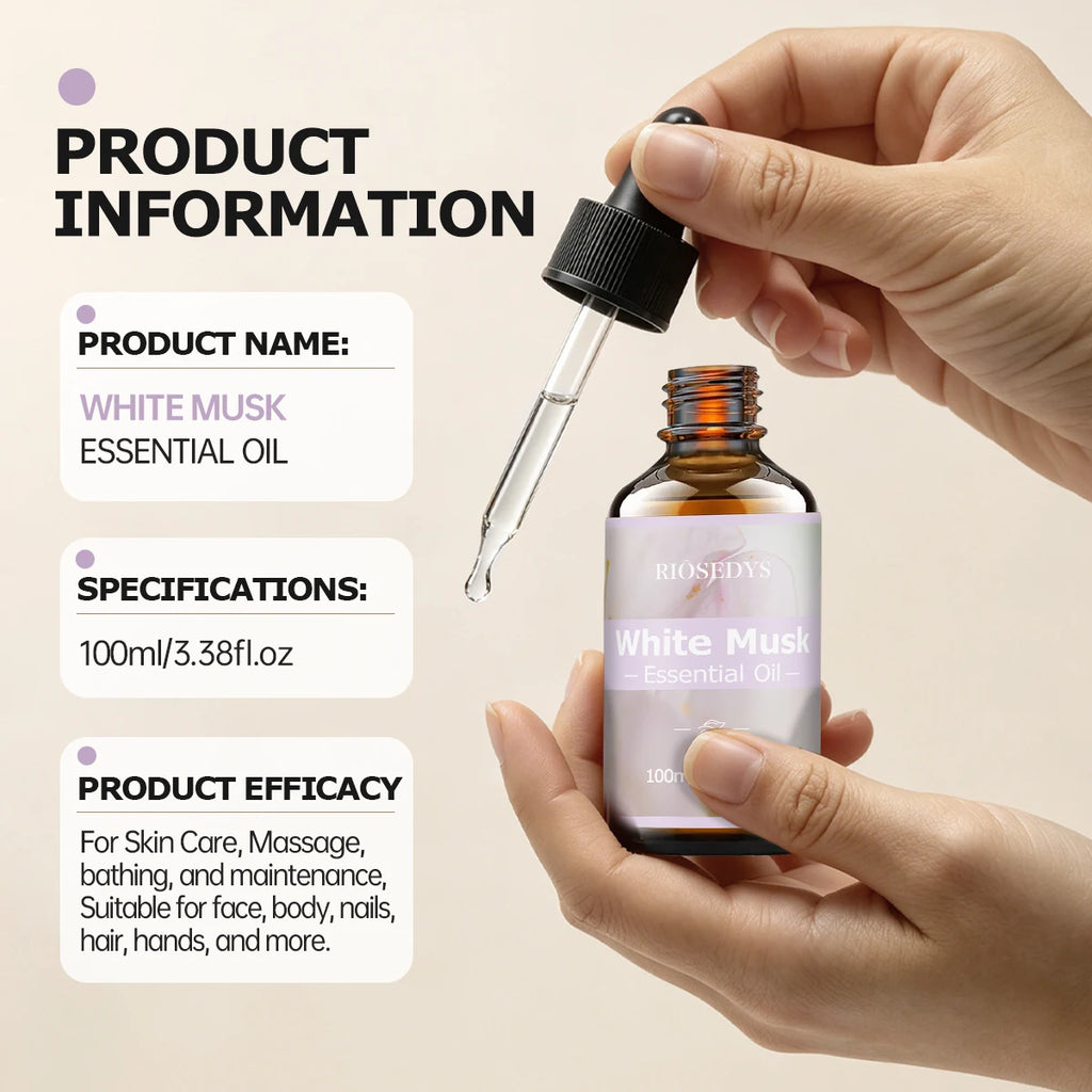 WHITE MUSK ESSENTIAL OIL moisturizing and nourishing massage oil suitable for skincare, fragrance, massage, and all skin types.
